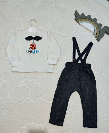 9-12-18 Ay Papyonlu Sweat Kot Pantolon 2li Erkek Bebek Salopet Takımı Gri