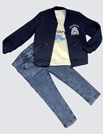 4-5-6 Yaş Kot Pantolonlu Pilot Mont Uzun Kollu Penye Sweat 3lü Erkek Çocuk Takımı Lacivert