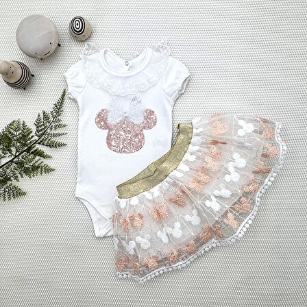 1-2-3 Yaş Payetli Mickey Nakışlı Kısa Kollu Brode Etekli 2li Kız Bebek Takımı Pudra
