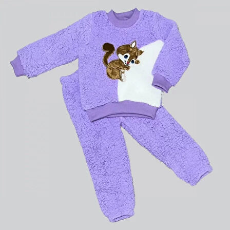 1-2-3 Yaş Masum Yavru Sincap Nakışlı Kuzu Kumaş Sweat Pantolon 2li Kız Erkek Bebek Takımı Lila