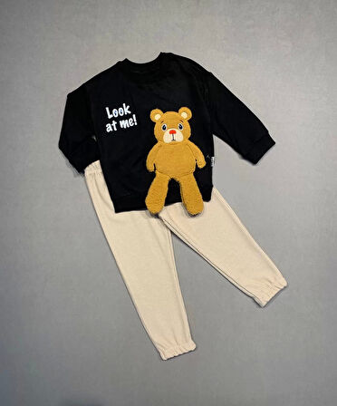 2-3-4 Yaş Ayıcık Sallanan Ayak Desenli Likra Penye Kumaş Sweat Pantolonlu Kız Erkek 2li Çocuk Takımı Siyah