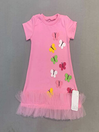 1-2-3 Yaş Renkli Kelebekler Nakışlı Eteği Fırfırlı Jile Çocuk Elbisesi Pembe