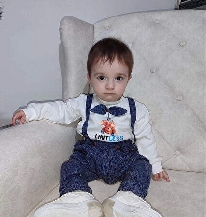 9-12-18 Ay Papyonlu Sweat Kot Pantolon 2li Erkek Bebek Salopet Takımı Lacivert