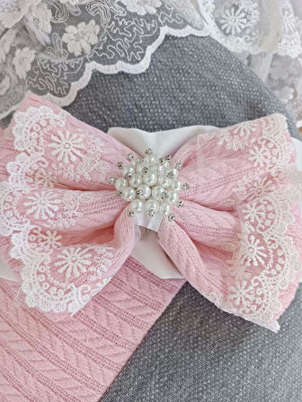 Yenidoğan Teri Cotton Taç Nakışlı Prizma Taş Kundak Bebek Battaniyesi Pembe