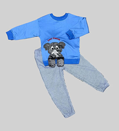 1-2-3 Yaş Filli Sallanan Ayak Desenli Likra Penye Kumaş Sweat Pantolonlu Kız Erkek 2li Çocuk Takımı İndigo