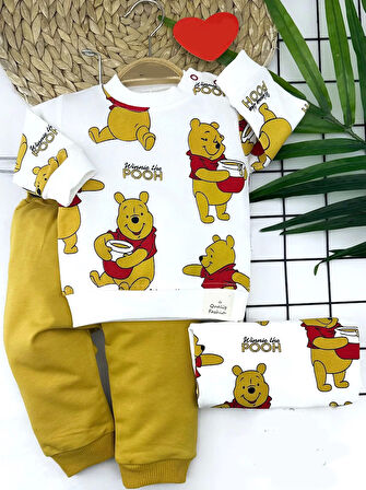 9-12-18-24 Ay Pooh Baskılı Yaka Çıtçıtlı Uzun Kollu Sweatli 2li Kız Erkek Bebek Takımı Sarı