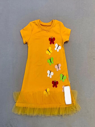 1-2-3 Yaş Renkli Kelebekler Nakışlı Eteği Fırfırlı Jile Çocuk Elbisesi Turuncu