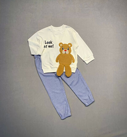 2-3-4 Yaş Ayıcık Sallanan Ayak Desenli Likra Penye Kumaş Sweat Pantolonlu Kız Erkek 2li Çocuk Takımı Ekru