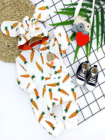 3-6-9-12 Ay Kulaklı Kapşonlu Havuç Baskılı Uzun Kollu Kız Erkek Bebek Tulumu Ekru