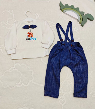 9-12-18 Ay Papyonlu Sweat Kot Pantolon 2li Erkek Bebek Salopet Takımı Lacivert