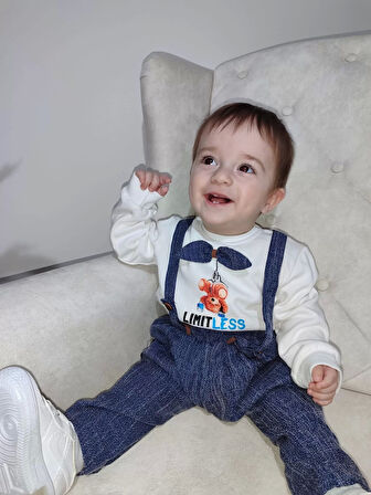 9-12-18 Ay Papyonlu Sweat Kot Pantolon 2li Erkek Bebek Salopet Takımı Lacivert