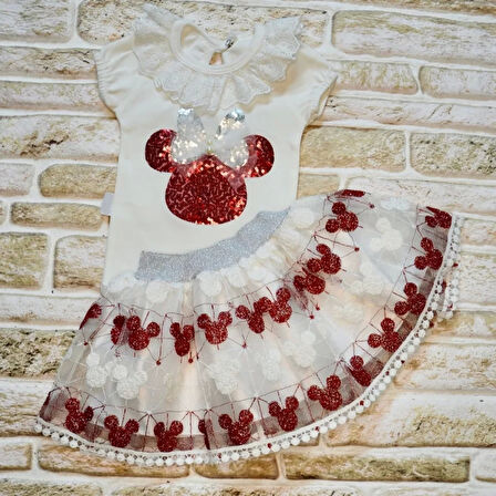 1-2-3 Yaş Payetli Mickey Nakışlı Kısa Kollu Brode Etekli 2li Kız Bebek Takımı Kırmızı