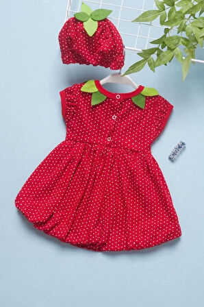 3-6-9 Ay Çilek Bebekler Penye Kumaş Kısa Kol Bebek Elbisesi Kırmızı