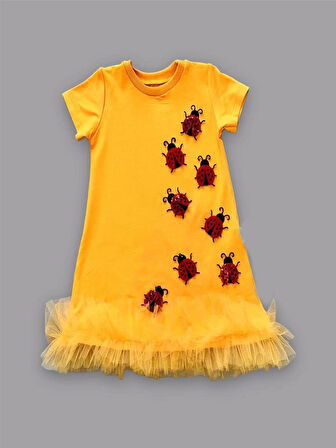 1-2-3 Yaş Uğur Böceği Nakışlı Fırfır Uçlu Kız Çocuk Jile Elbisesi Turuncu