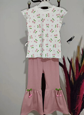 1-2-3-4 Yaş Kiraz Baskılı Tişört İspanyol Paçalı Likralı 2li Kız Çocuk Takımı Gül Kurusu