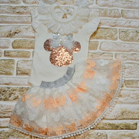 1-2-3 Yaş Payetli Mickey Nakışlı Kısa Kollu Brode Etekli 2li Kız Bebek Takımı Pudra