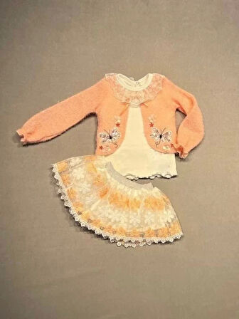 1-2-3 Yaş Brode Etekli Örme Hırkalı Uzun Kollu Sweat 3lü Kız Çocuk Takımı Somon