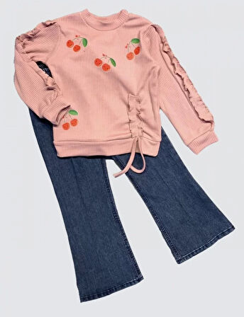 4-5-6 Yaş Kot Pantolonlu Kiraz Desenli Penye Sweat Uzun Kollu 2li Kız Çocuk Takımı Gül Kurusu