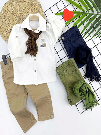 9-12-18-24 Ay Ve 3-4-5 Yaş Fularlı Pamuk Keten Gömlekli Pantolonlu 3lü Erkek Bebek Takımı Bej