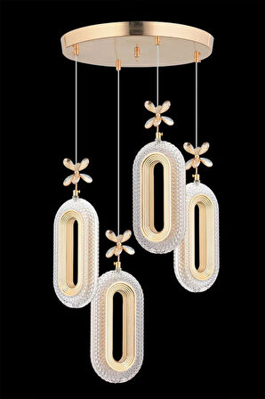 Modern Ledli 4'lü Gold 3 Renk Kristal Taşlı Avize