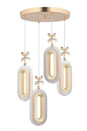 Modern Ledli 4'lü Gold 3 Renk Kristal Taşlı Avize