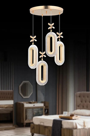Modern Ledli 4'lü Gold 3 Renk Kristal Taşlı Avize