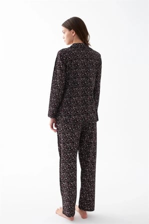 Kadın Siyah Düğmeli Kalp Desenli Pamuklu Pijama Takımı