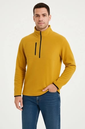 Erkek Polar Kazak – Dik Yaka, Yarım Fermuarlı, Fermuarlı Göğüs Cepli, Siyah Biyeli, Kışlık Rahat Regular Fit Günlük Model