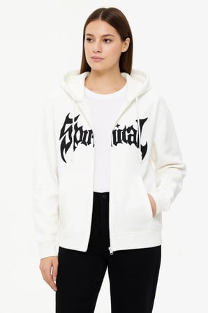 Oversize Kapüşonlu Sweatshirt Hoodie 3 İplik Şardonlu Pamuklu Kumaş, Önü Baskılı, Fermuarlı Rahat Kalıp, Kışlık Ve Sokak Stili Sweat