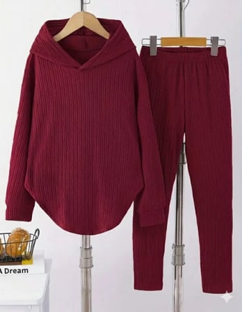 Kadın Uzun Kollu Kapşonlu Meloni Bluz Ve Pantolon Ikili Takım