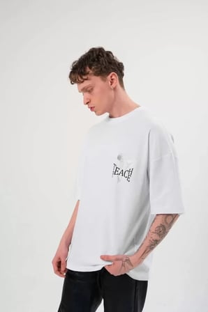 Unisex Bisiklet Yaka Baskılı Oversize TShirt