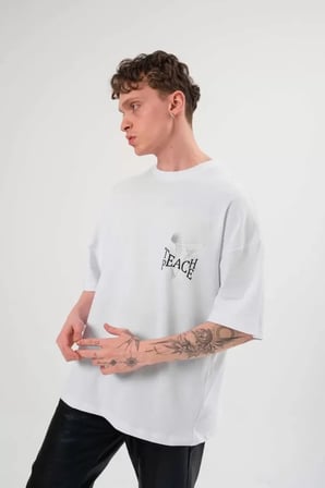 Unisex Bisiklet Yaka Baskılı Oversize TShirt