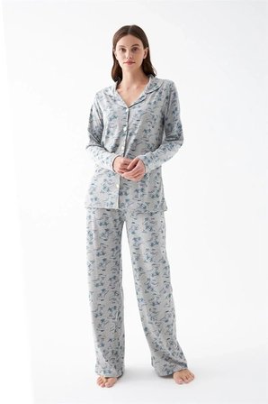 Kadın Gri Desenli Düğmeli Pamuklu Pijama Takımı