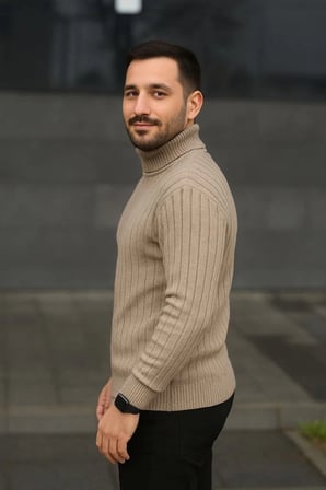 Erkek Balıkcı Yaka Bağazlı Triko Kazak Pamuklu Kalın Fitilli Dokuma, Regular Fit Uzun Kollu Kışlık Model