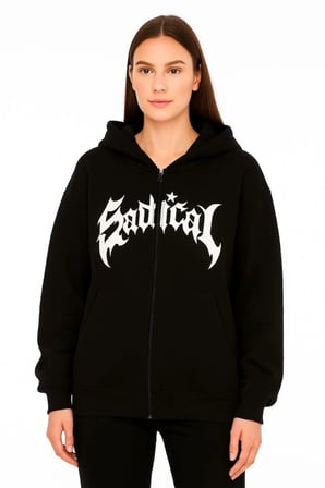 Oversize Kapüşonlu Sweatshirt  Hoodie 3 İplik Şardonlu Pamuklu Kumaş, Önü Baskılı, Fermuarlı Rahat Kalıp, Kışlık Ve Sokak Stili Sweat