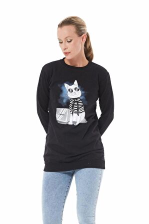 Kedi Baskılı Sıfır Yaka Siyah Kadın Sweatshirt