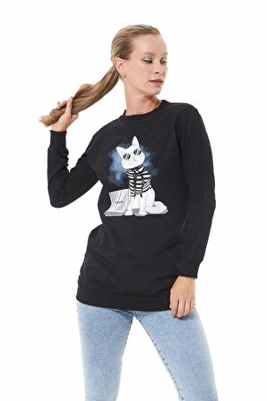 Kedi Baskılı Sıfır Yaka Siyah Kadın Sweatshirt