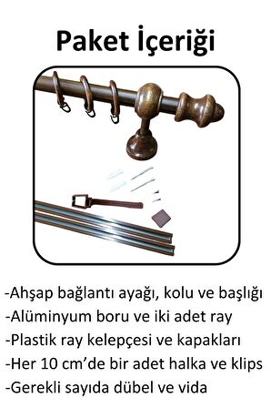 Çift Raylı Ahşap Klasik Rustik Perde Askısı (Alüminyum Boru) Halka ve Klips