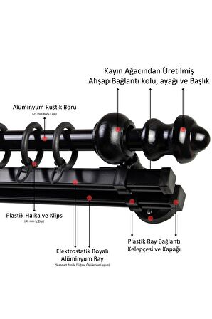 Çift Raylı Ahşap Klasik Rustik Perde Askısı (Alüminyum Boru) Halka ve Klips