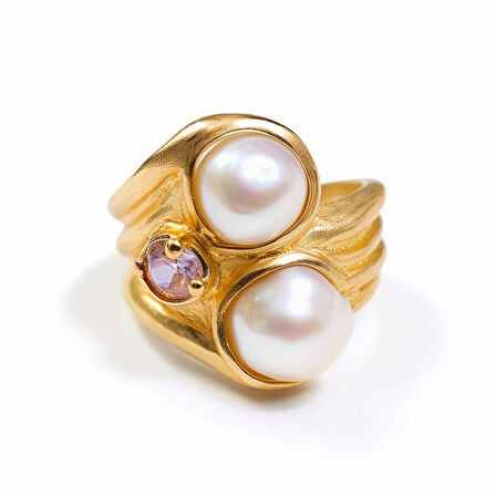 Çift İnci Tasarımlı Altın Yüzük – Aurielle Crest