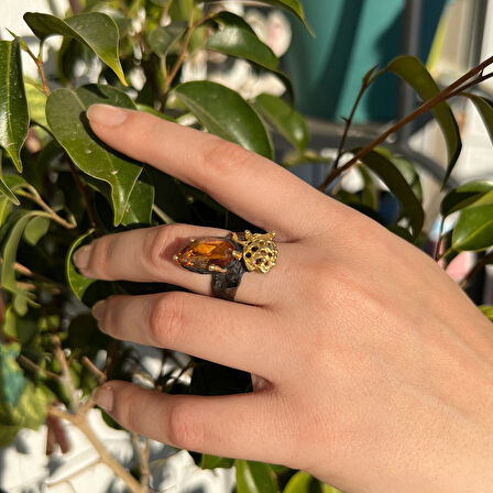 Kehribar Taşlı Kokteyl Gümüş Yüzük – Sporeline