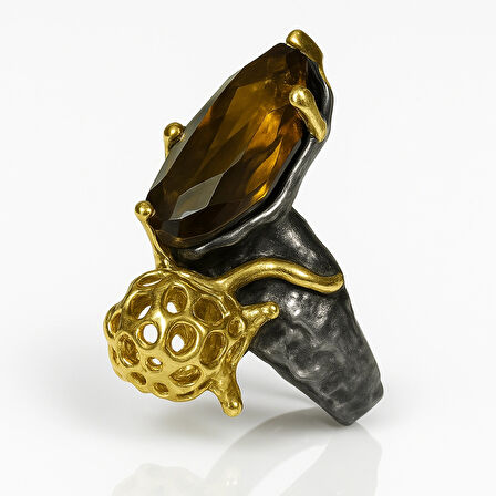 Kehribar Taşlı Kokteyl Gümüş Yüzük – Sporeline