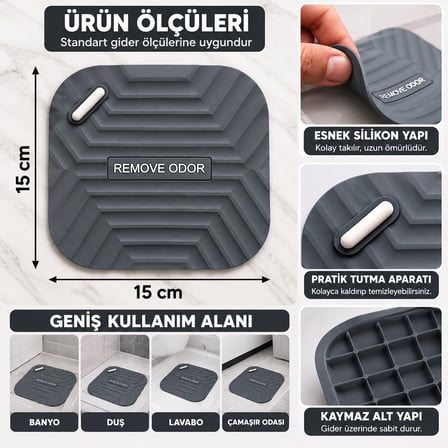 Kötü Koku Önleyici Silikon Mat Banyo Mutfak Lavabo Balkon Gider Tıpası Kapağı Böcek Önleyici ve Koku Giderici Kapak GRİ RENK