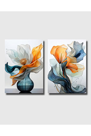 İkili Çerçevesiz Poster, Dijital Baskı, Ofis, Salon, Oturma Odası, Dekorasyon, Mavi Retro Vazo