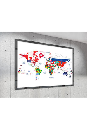 Çerçevesiz Poster |Büyük Boy Ülke Bayraklı Dünya Haritası Posteri | Eğitici ve Dekoratif Harita