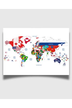 Çerçevesiz Poster |Büyük Boy Ülke Bayraklı Dünya Haritası Posteri | Eğitici ve Dekoratif Harita