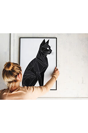 Çerçevesiz Poster, Dijital Baskı Geometrik Desen Siyah Kedi Poster,Modern,Soyut,Minimalist