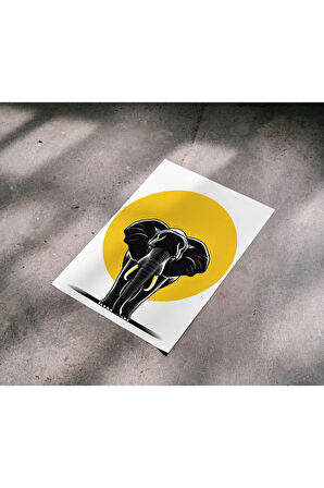 Çerçevesiz Poster, Dijital Baskı Kağıt Poster,Soyut,Fil Slüeti ve Sarı Daire, ,Fil Temalı,Minimal