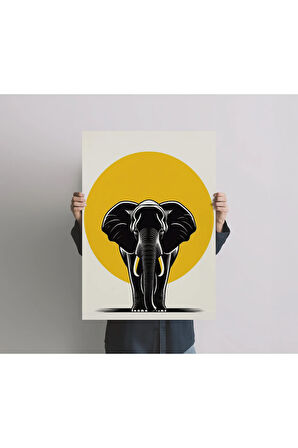 Çerçevesiz Poster, Dijital Baskı Kağıt Poster,Soyut,Fil Slüeti ve Sarı Daire, ,Fil Temalı,Minimal