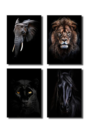 Çerçevesiz Poster,4'lü Hayvan Posterleri Aslan,Panter,Fil,At Dijital Baskı Karanlık Tema